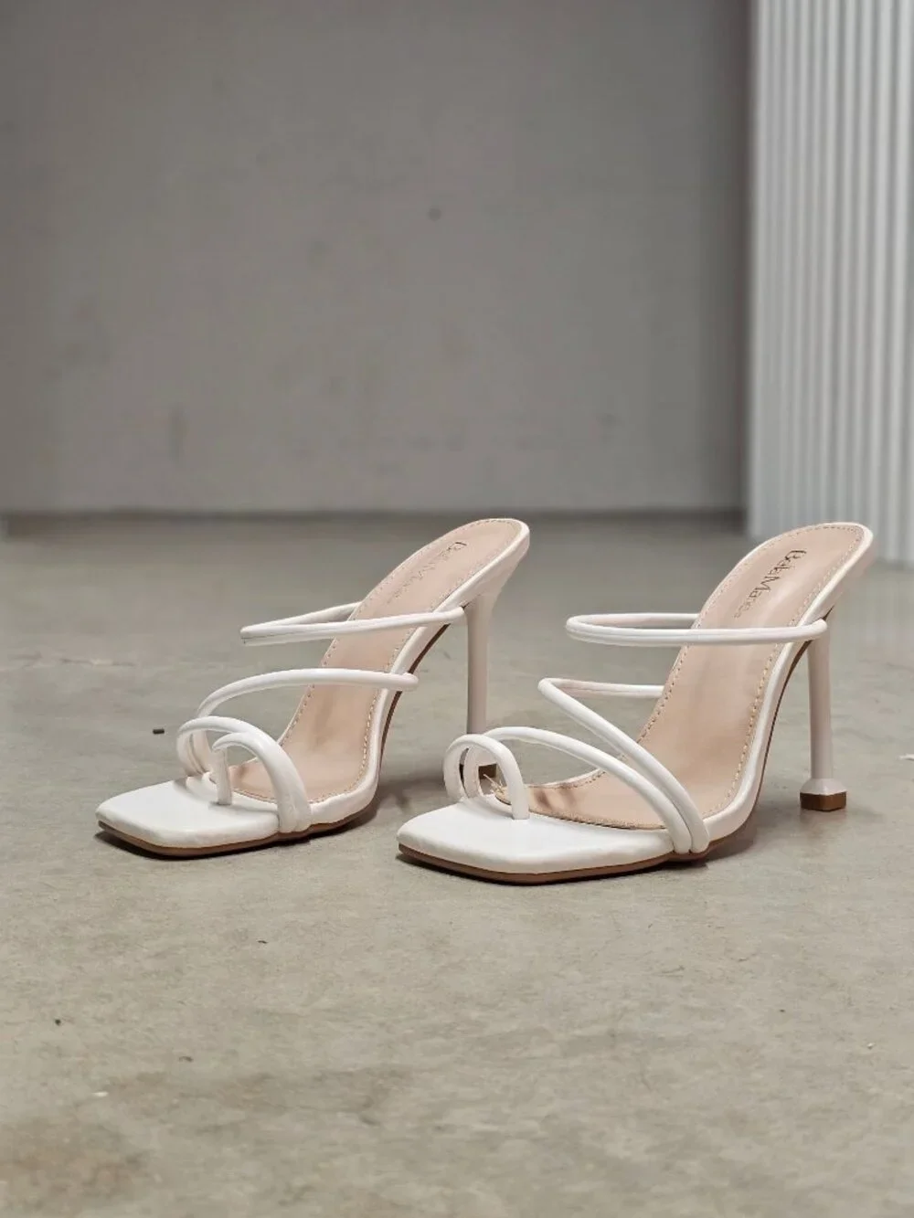 Strappy White High Heel Mules With Square Toe & Slim Stiletto Heels For Women - Picture 6 of 14